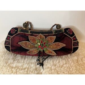 Mary Frances Beaded Floral Feather Evening Bag Velvet Toggle Clutch Boho Vintage